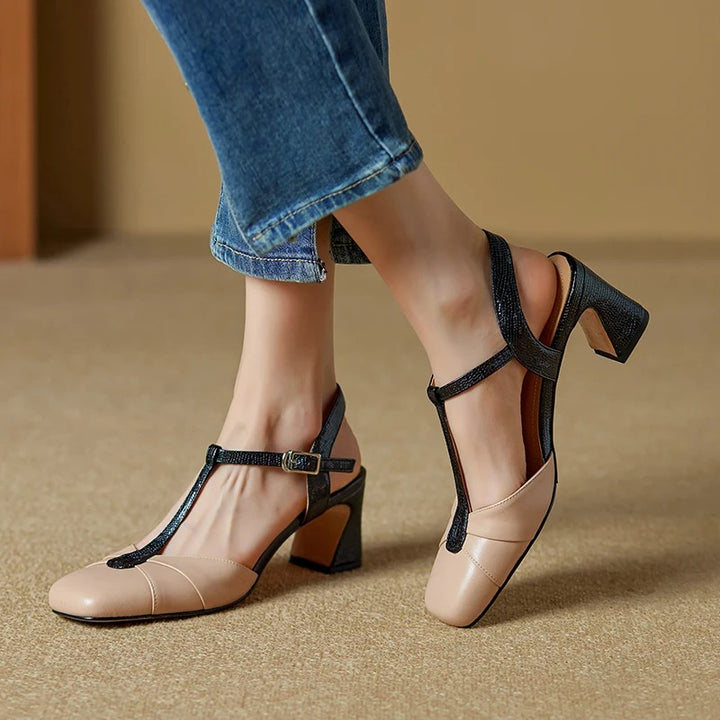 Olaya Genuine Leather T-Strap Slingback Heels