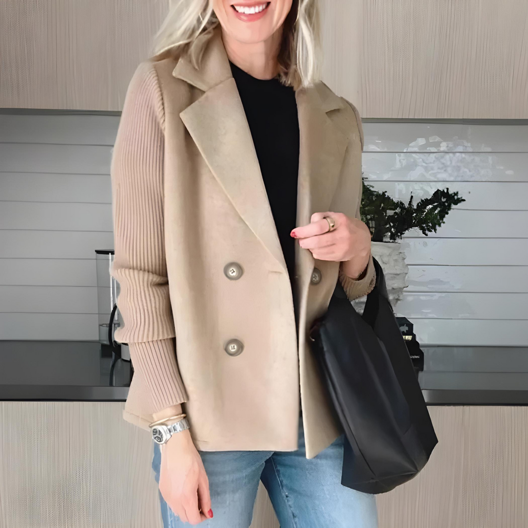Ivy Double-Breasted Knit-Sleeve Blazer Coat