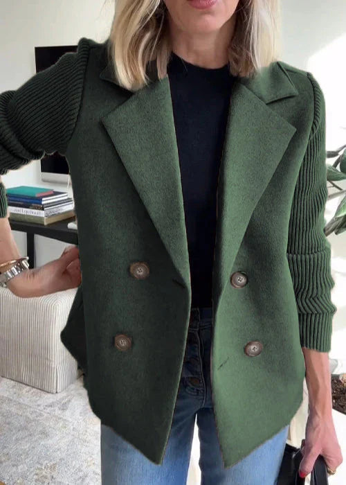 Ivy Double-Breasted Knit-Sleeve Blazer Coat