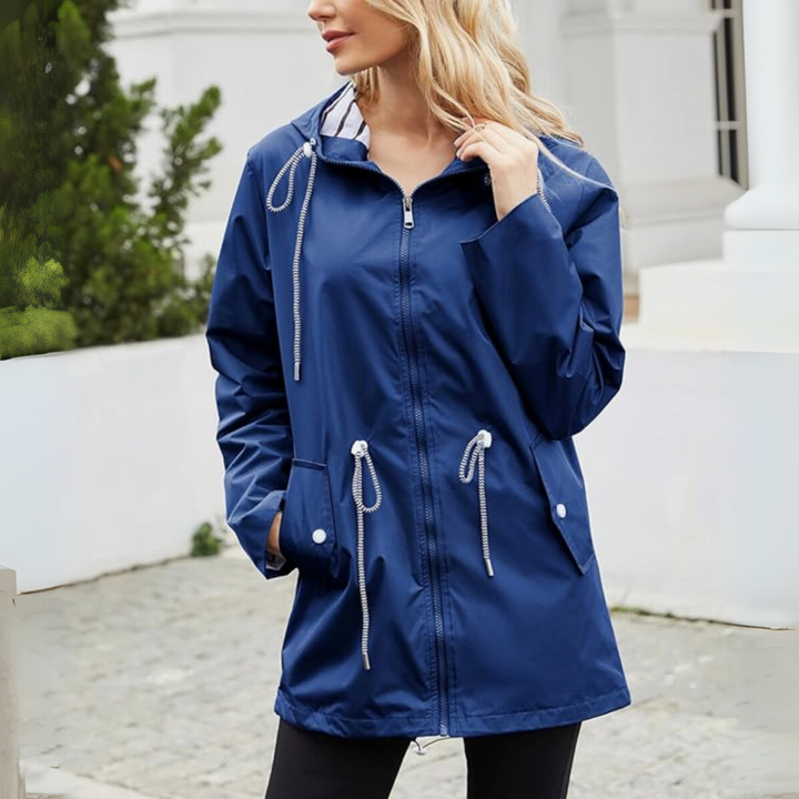 Sara Drawstring-Waist Hooded Rain Jacket