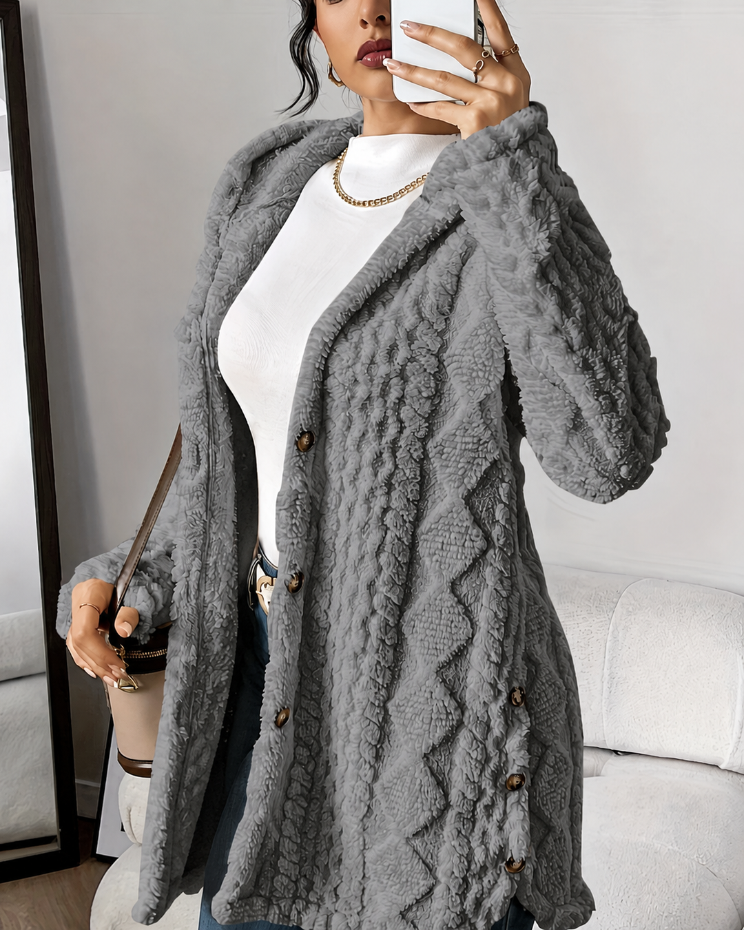 Lana Hooded Plush Textured Cardigan
