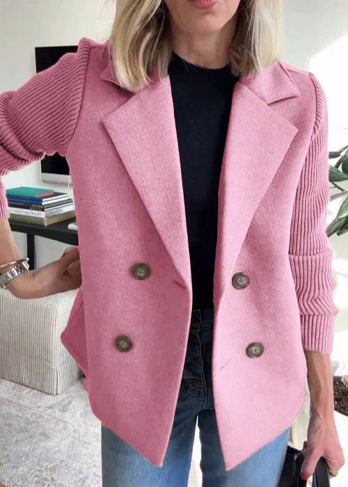Ivy Double-Breasted Knit-Sleeve Blazer Coat