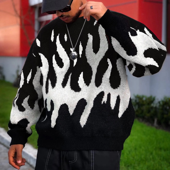Blaze Flame-Pattern Knit Crewneck Sweater