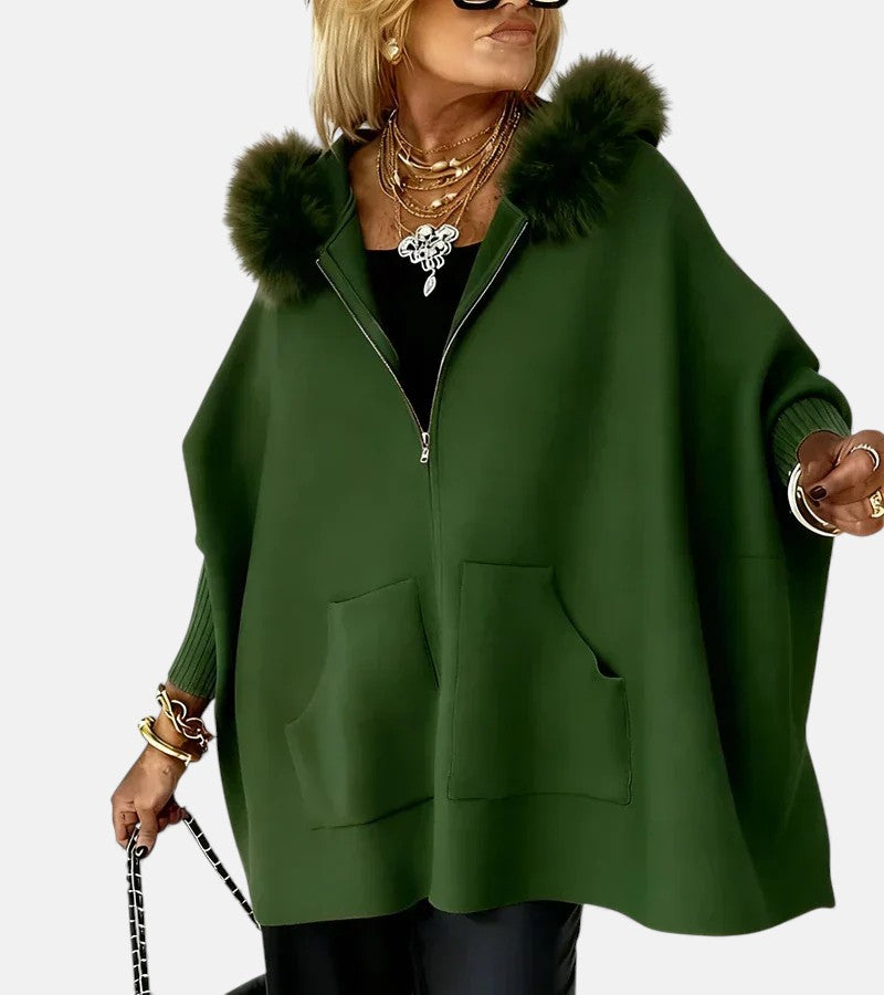 Luna Faux Fur Hood Zip-Up Cape Jacket
