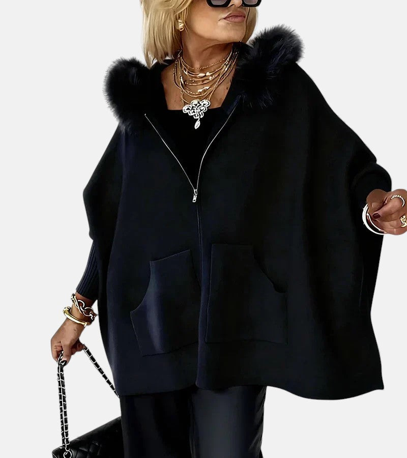 Luna Faux Fur Hood Zip-Up Cape Jacket