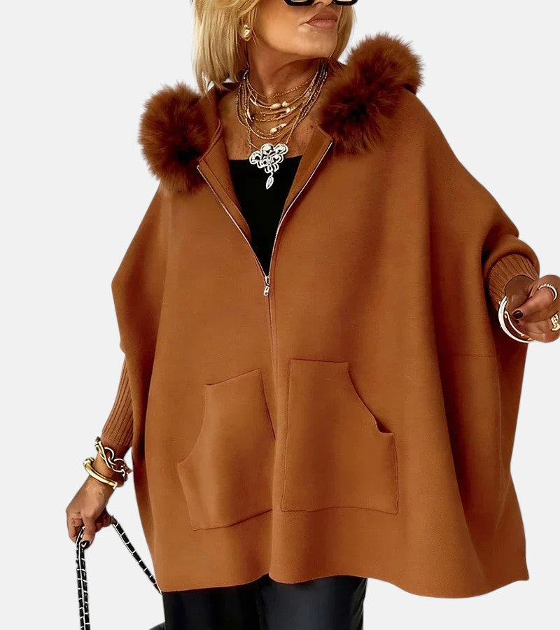 Luna Faux Fur Hood Zip-Up Cape Jacket