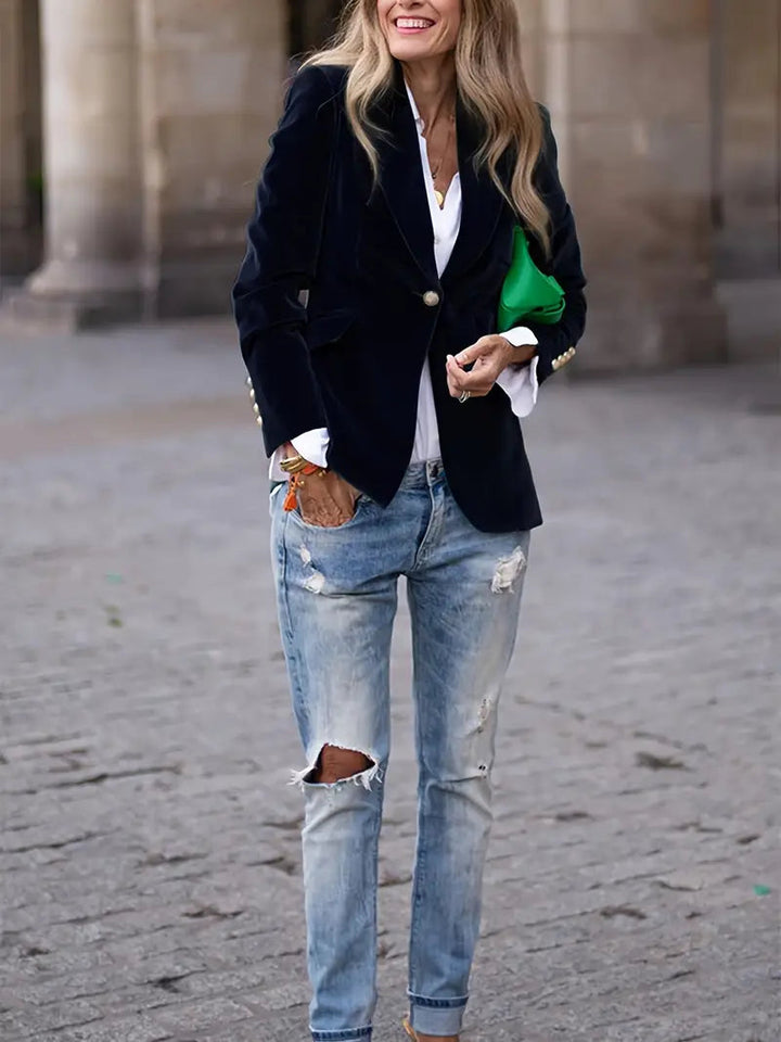 Erin Gold-Button Velvet Blazer