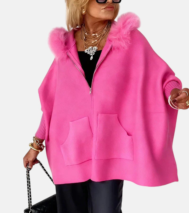 Luna Faux Fur Hood Zip-Up Cape Jacket
