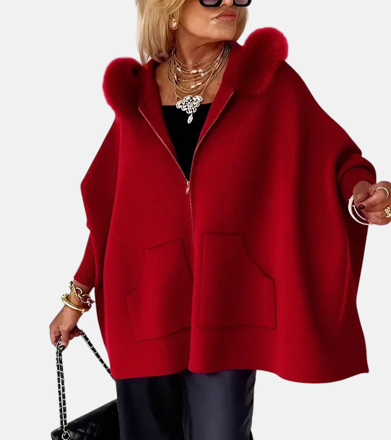 Luna Faux Fur Hood Zip-Up Cape Jacket