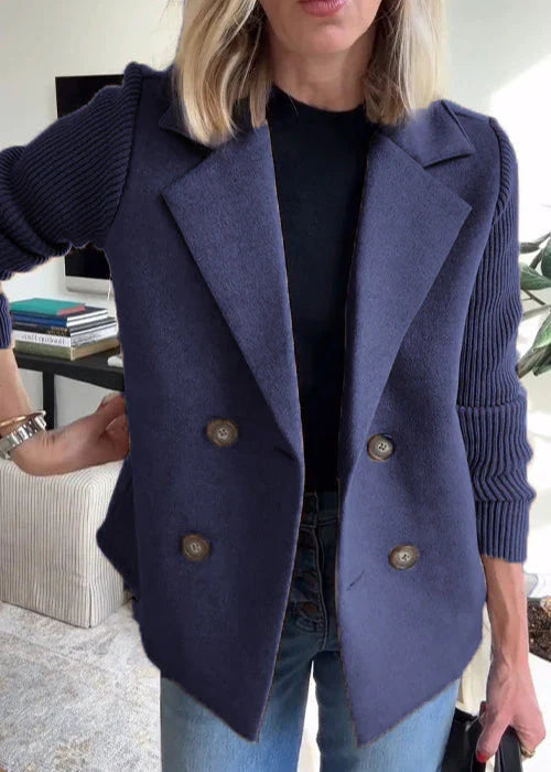 Ivy Double-Breasted Knit-Sleeve Blazer Coat