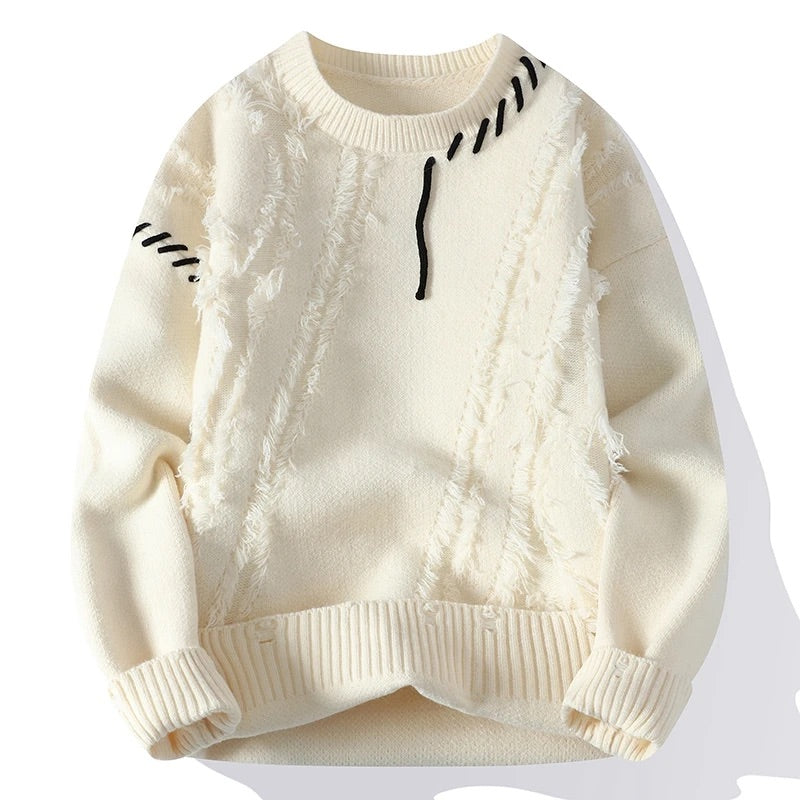 Kai Frayed Texture Crew-Neck Knit Sweater