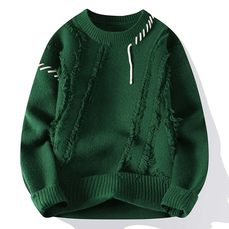 Kai Frayed Texture Crew-Neck Knit Sweater