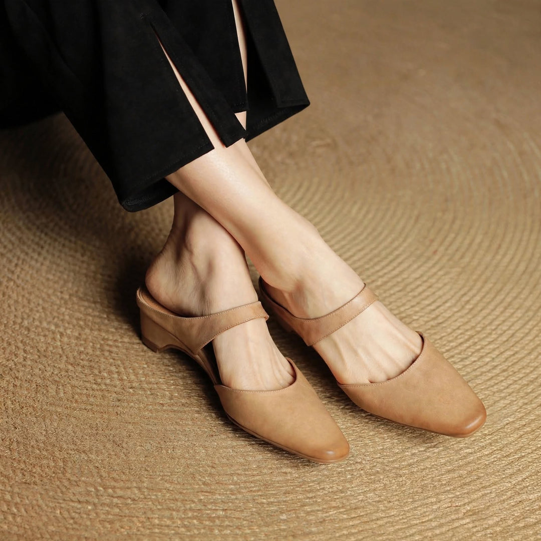Cavie Genuine Leather Square-Toe Mules