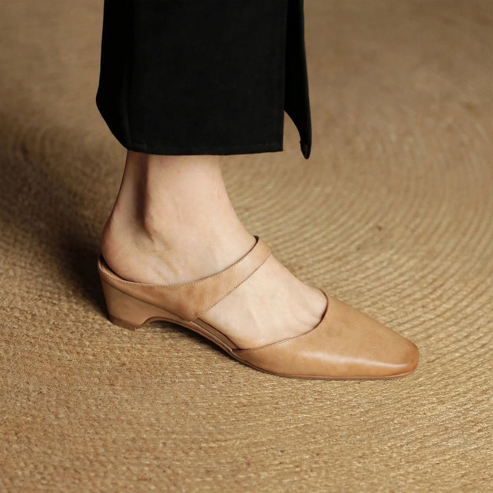 Cavie Genuine Leather Square-Toe Mules